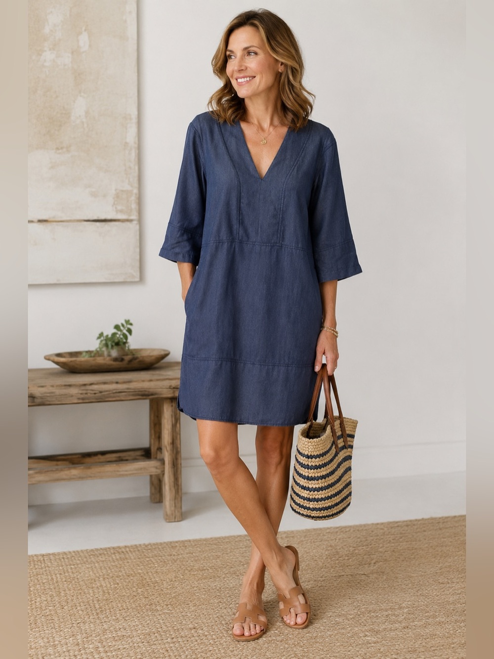 Vince Blue Denim V-Neck Mini Dress